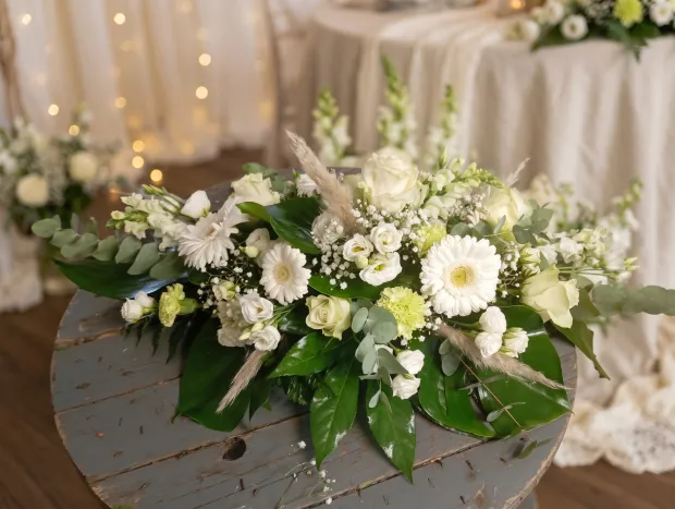 Bouquet champêtre aux tons pastel tenu à bout de bras dans un jardin