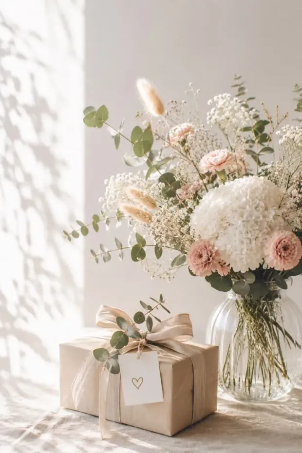 Bouquet blanc et rose en vase de verre, près d'un cadeau emballé de kraft